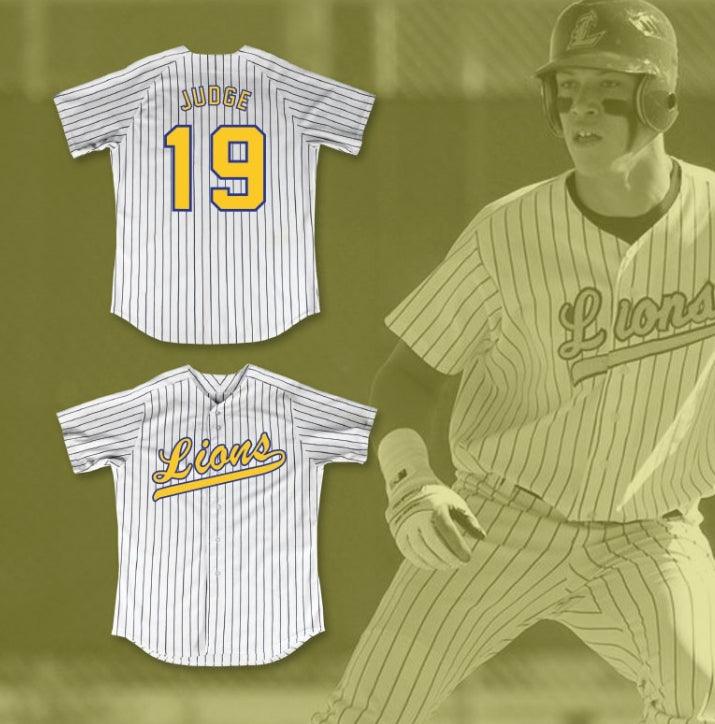 Custom Any Name Number AARON JUDGE 19 LINDEN HIGH SCHOOL LIONS WHITE PINSTRIPED BASEBALL JERSEY 2 Top Stitched S-6XL