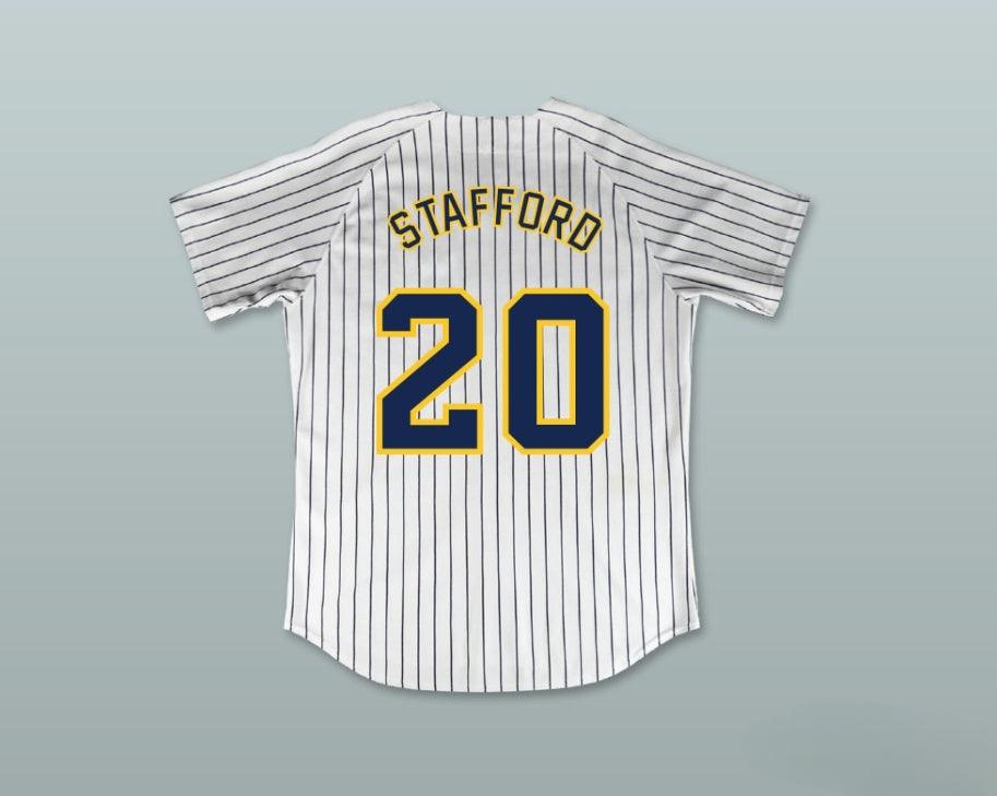 Custom Any Name Number MATTHEW STAFFORD 20 HIGHLAND PARK HIGH SCHOOL SCOTS WHITE PINSTRIPED BASEBALL JERSEY 2 Top Stitched S-6XL