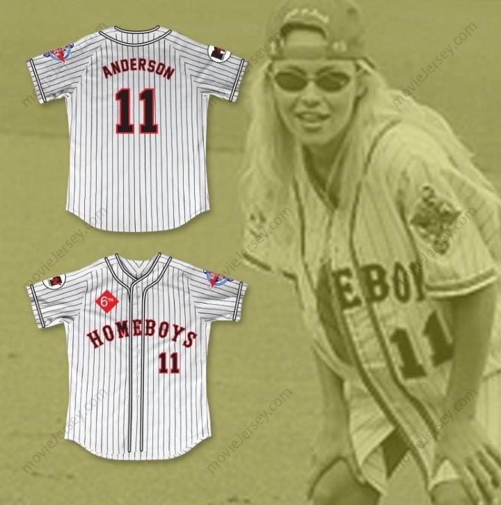 Custom Any Name Number PAMELA ANDERSON 11 HOMEBOYS PINSTRIPED BASEBALL JERSEY 6TH ANNUAL ROCK N' JOCK SOFTBALL CHALLENGE 1995 Top Stitched S-6XL