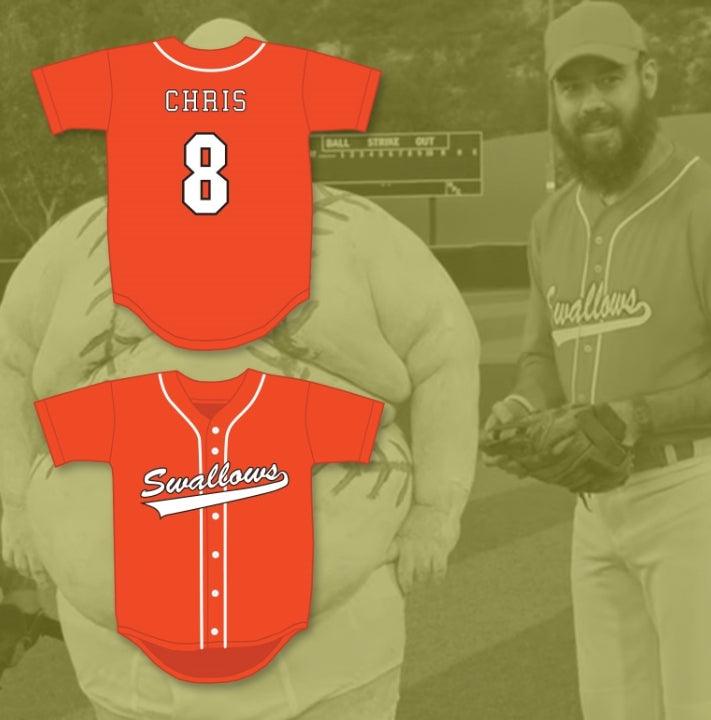 Custom Any Name Number CHRIS PONTIUS 8 SWALLOWS PLAY BALL ORANGE BASEBALL JERSEY Top Stitched S-6XL