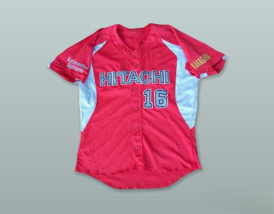 Custom Any Name Number HITACHI 16 KANAGAWA JAPAN RED BUTTON DOWN BASEBALL JERSEY Top Stitched S-6XL