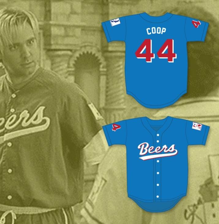 Custom Any Name Number JOE 'COOP' COOPER 44  BEERS BASEKETBALL BLUE BASEBALL JERSEY Top Stitched S-6XL