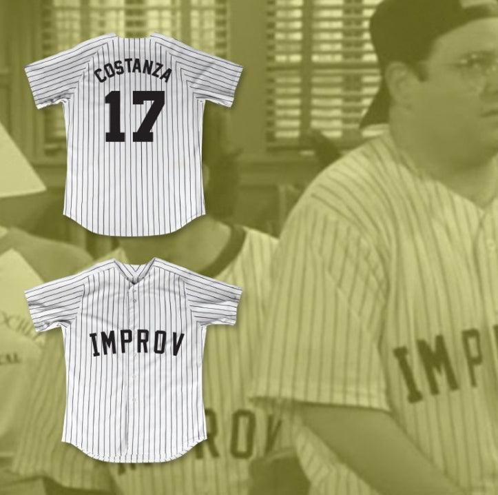 Custom Any Name Number GEORGE COSTANZA 17 IMPROV WHITE PINSTRIPED BASEBALL JERSEY Top Stitched S-6XL