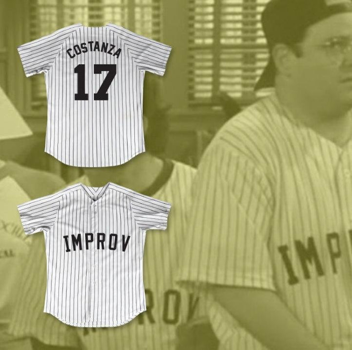 Custom Any Name Number GEORGE COSTANZA 17 IMPROV WHITE PINSTRIPED BASEBALL JERSEY Top Stitched S-6XL