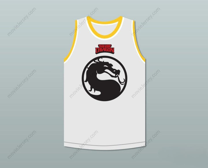 CUSTOM ANY Name Number BRUCE LEROY GREEN 85 MORTAL KOMBAT THE LAST DRAGON WHITE WITH RED GRAPHICS JERSEY AND EMBROIDERED PATCH Top Stitched S-6XL