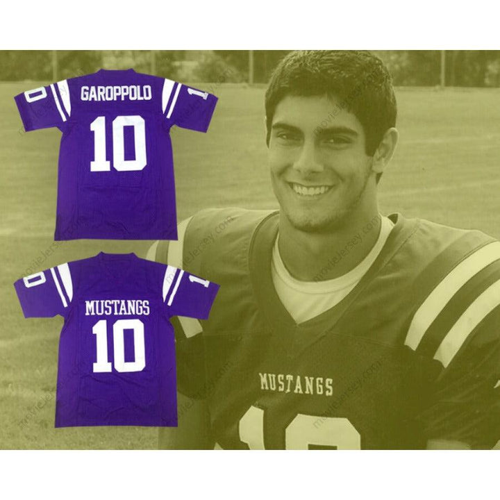 CUSTOM ANY Name Number JIMMY GAROPPOLO 10 ROLLING MEADOWS HIGH SCHOOL MUSTANGS PURPLE FOOTBALL JERSEY Top Stitched S-6XL