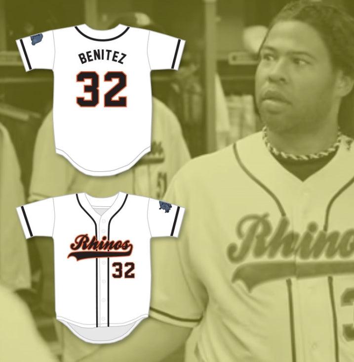 Custom Any Name Number RAFFY BENITEZ 32 RHINOS WHITE BASEBALL JERSEY WITH PATCH KEY & PEELE SLAP ASS Top Stitched S-6XL