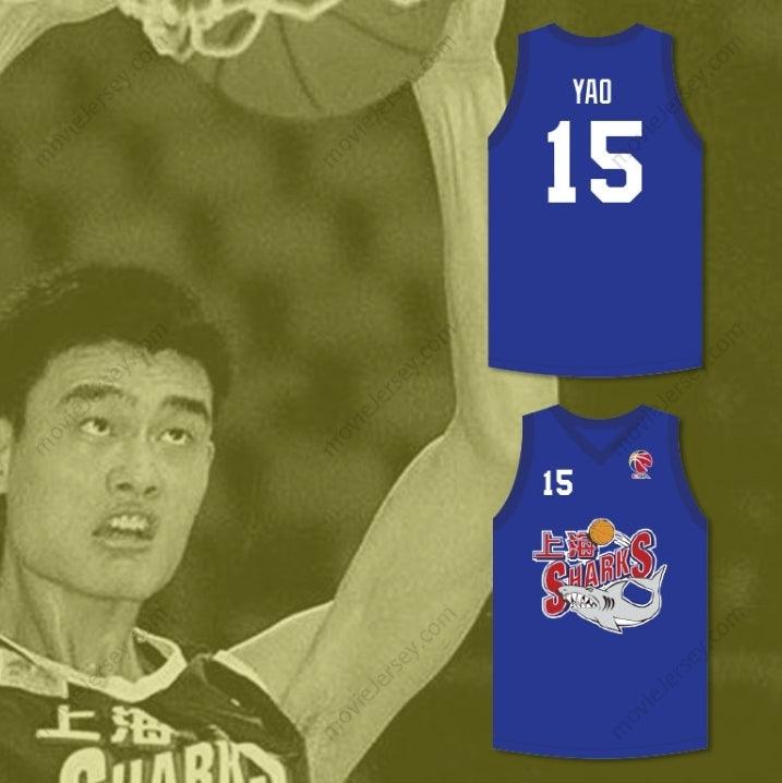 CUSTOM ANY Name Number YAO MING 15 SHANGHAI SHARKS BLUE BASKETBALL JERSEY WITH CBA PATCH Top Stitched S-6XL
