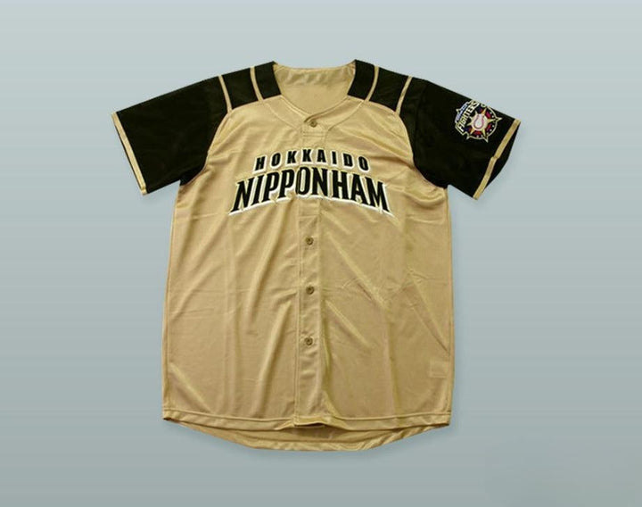Custom Any Name Number SHOHEI OTANI 11 HOKKAIDO NIPPON-HAM FIGHTERS BUTTON DOWN TAN BASEBALL JERSEY WITH PATCH Top Stitched S-6XL