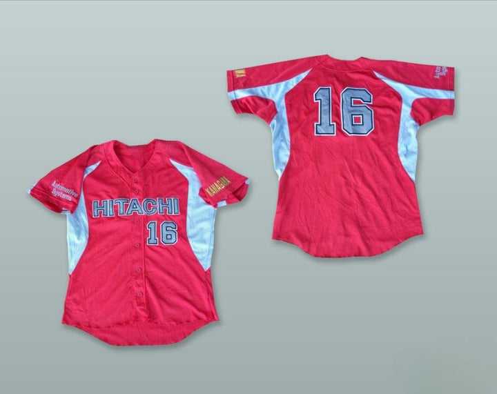 Custom Any Name Number HITACHI 16 KANAGAWA JAPAN RED BUTTON DOWN BASEBALL JERSEY Top Stitched S-6XL