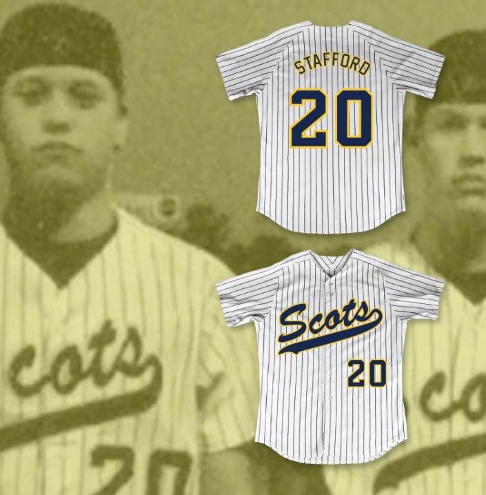Custom Any Name Number MATTHEW STAFFORD 20 HIGHLAND PARK HIGH SCHOOL SCOTS WHITE PINSTRIPED BASEBALL JERSEY 2 Top Stitched S-6XL