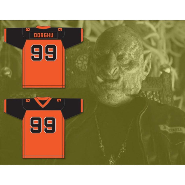 CUSTOM ANY WITH PATCHES ORC FOGTEETH DORGHU 99 ORANGE/BLACK FOOTBALL JERSEY Top Stitched S-6XL