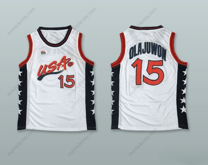 CUSTOM ANY Name Number 1996 HAKEEM OLAJUWON 15 USA TEAM HOME BASKETBALL JERSEY Top Stitched S-6XL