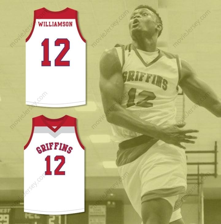 CUSTOM ANY Name Number ZION WILLIAMSON 12  DAY SCHOOL GRIFFINS WHITE BASKETBALL JERSEY 2 Top Stitched S-6XL