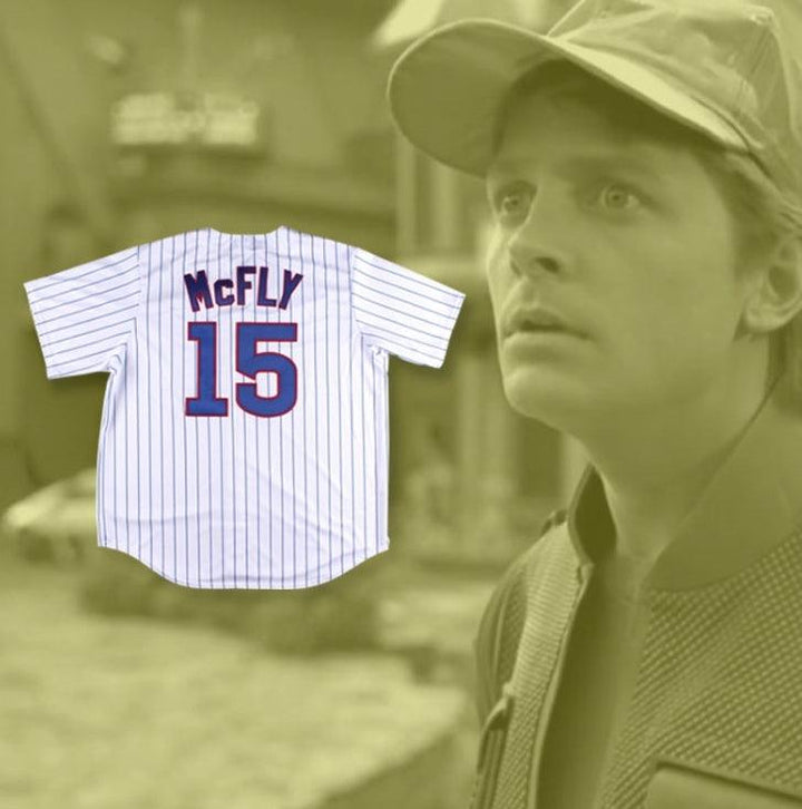 Custom Any Name Number MARTY MCFLY 15 PINSTRIPED BASEBALL JERSEY BACK TO THE FUTURE II PREDICTION Top Stitched S-6XL