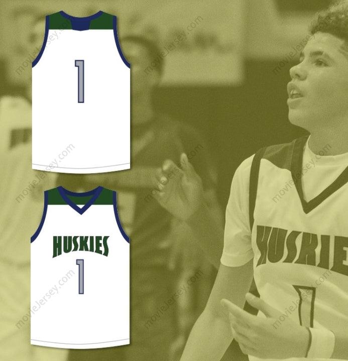 CUSTOM ANY Name Number LAMELO BALL 1   HIGH SCHOOL HUSKIES WHITE BASKETBALL JERSEY Top Stitched S-6XL