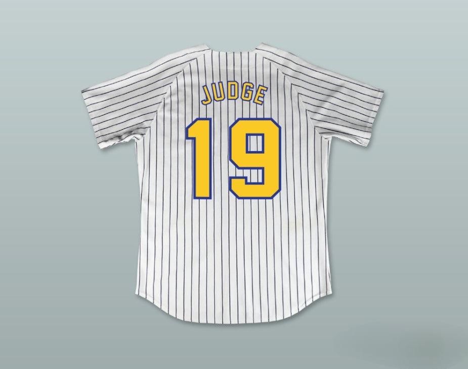 Custom Any Name Number AARON JUDGE 19 LINDEN HIGH SCHOOL LIONS WHITE PINSTRIPED BASEBALL JERSEY 2 Top Stitched S-6XL