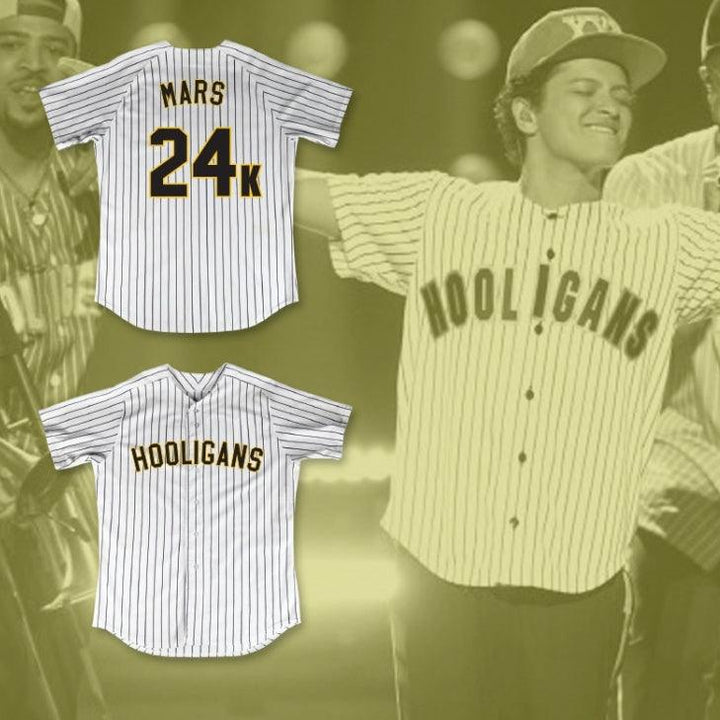 Custom Any Name Number BRUNO MARS 24K HOOLIGANS WHITE PINSTRIPED BASEBALL JERSEY BET AWARDS Top Stitched S-6XL