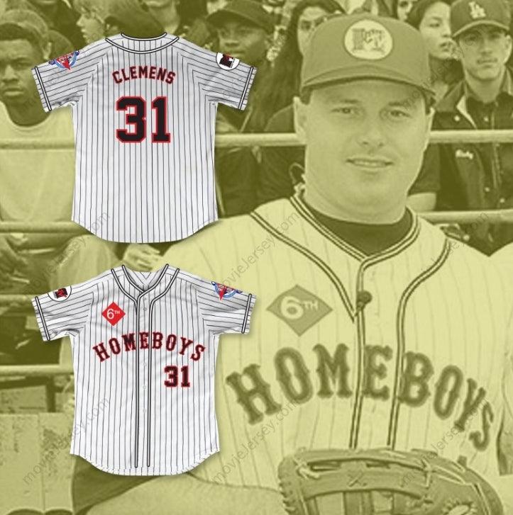Custom Any Name Number ROGER CLEMENS 31 HOMEBOYS PINSTRIPED BASEBALL JERSEY 6TH ANNUAL ROCK N' JOCK SOFTBALL CHALLENGE 1995 Top Stitched S-6XL