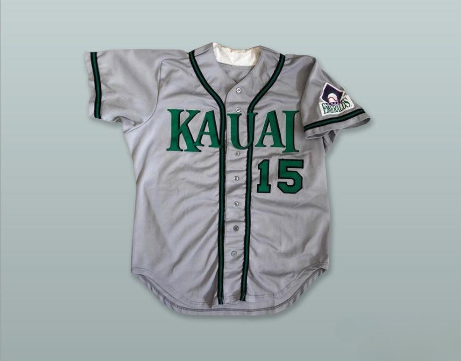 Custom Any Name Number KAUAI EMERALDS  15 GRAY BUTTON DOWN BASEBALL JERSEY Top Stitched S-6XL