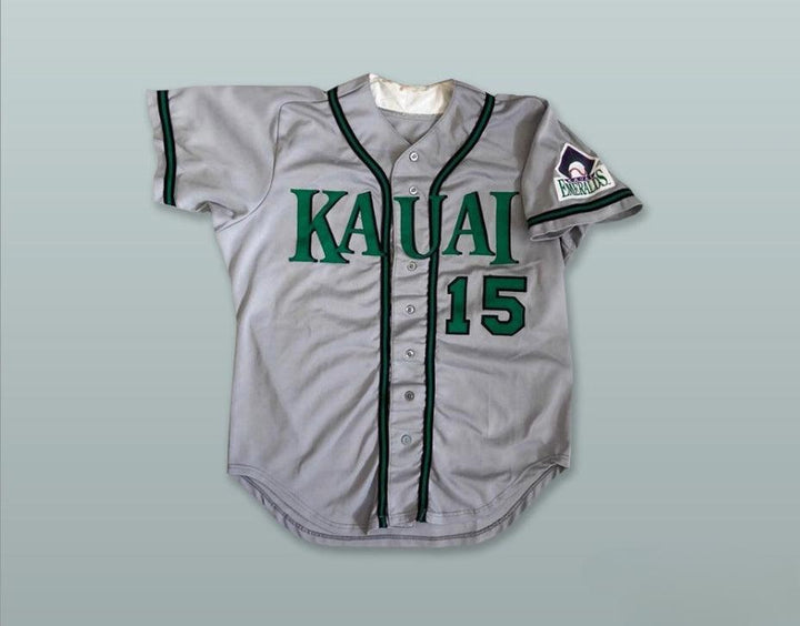 Custom Any Name Number KAUAI EMERALDS  15 GRAY BUTTON DOWN BASEBALL JERSEY Top Stitched S-6XL