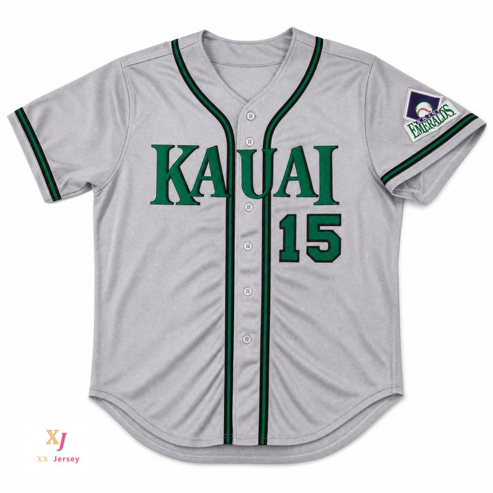 Custom Any Name Number KAUAI EMERALDS  15 GRAY BUTTON DOWN BASEBALL JERSEY Top Stitched S-6XL