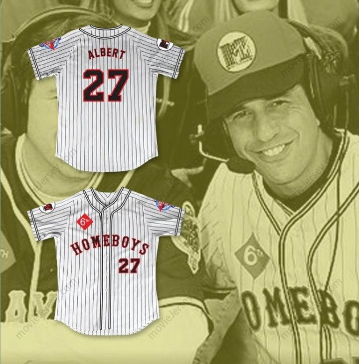 Custom Any Name Number STEVE ALBERT 27 HOMEBOYS PINSTRIPED BASEBALL JERSEY 6TH ANNUAL ROCK N' JOCK SOFTBALL CHALLENGE 1995 Top Stitched S-6XL