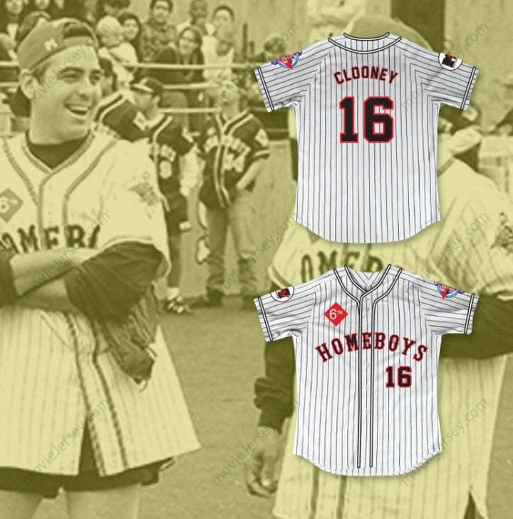Custom Any Name Number GEORGE CLOONEY 16 HOMEBOYS PINSTRIPED BASEBALL JERSEY 6TH ANNUAL ROCK N' JOCK SOFTBALL CHALLENGE 1995 Top Stitched S-6XL