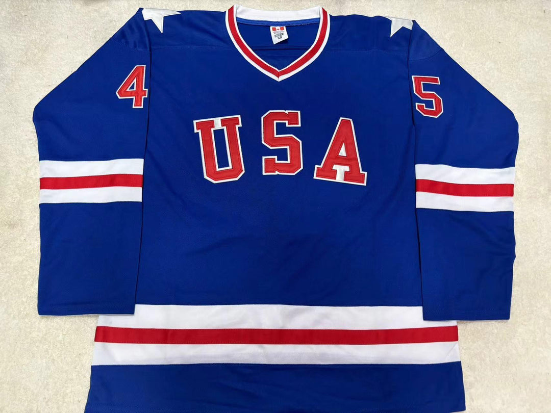 Custom Any Name Number DONALD TRUMP 45 USA 1980 STYLE BLUE HOCKEY JERSEY Top Stitched S-6XL