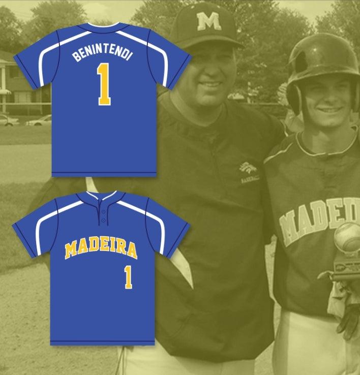 Custom Any Name Number ANDREW BENINTENDI 1 MADEIRA HIGH SCHOOL MUSTANGS BLUE BASEBALL JERSEY 2 Top Stitched S-6XL