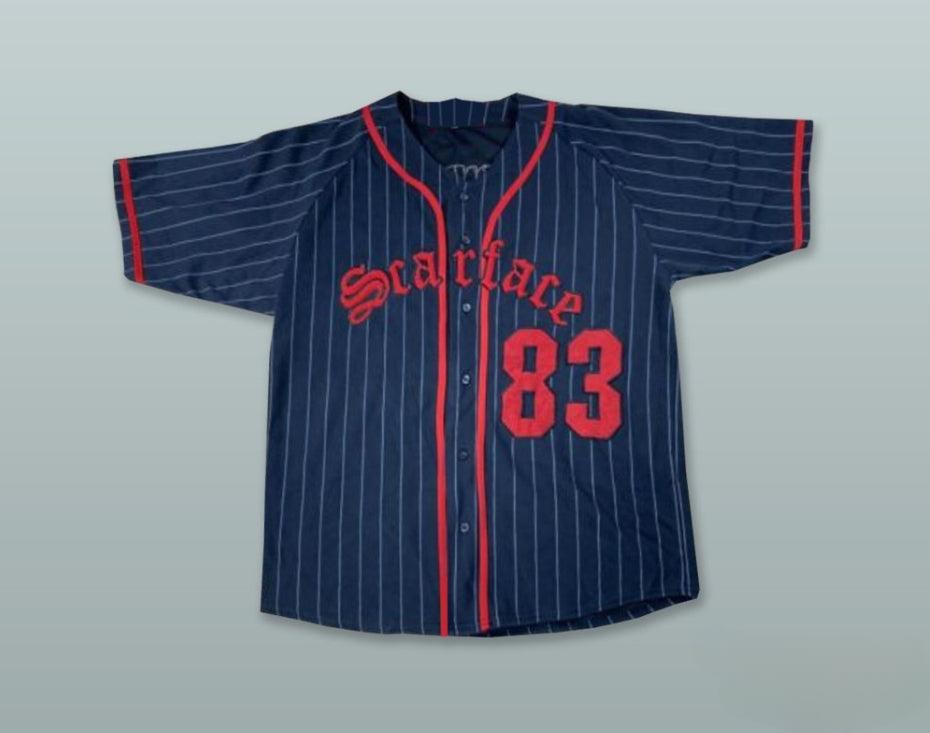 Custom Any Name Number TONY MONTANA 83 SCARFACE NAVY BLUE PINSTRIPED BASEBALL JERSEY Top Stitched S-6XL