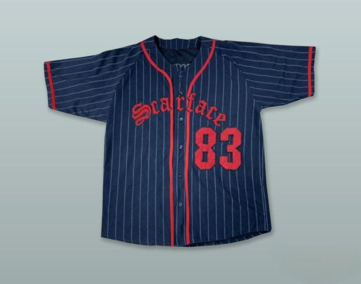 Custom Any Name Number TONY MONTANA 83 SCARFACE NAVY BLUE PINSTRIPED BASEBALL JERSEY Top Stitched S-6XL