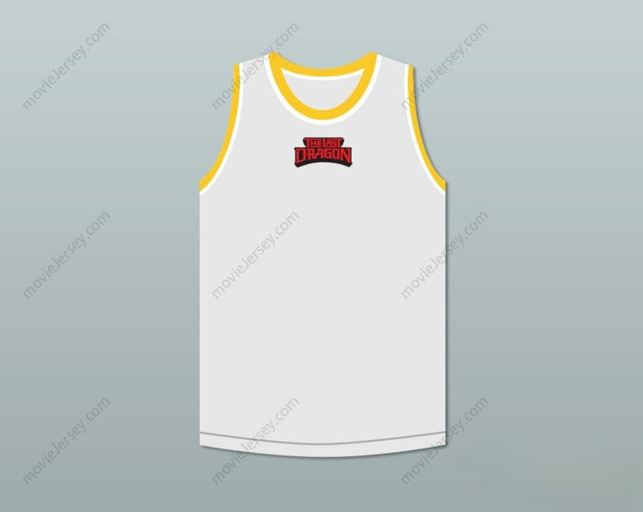 CUSTOM ANY Name Number BRUCE LEROY GREEN 85 THE LAST DRAGON WHITE WITH YELLOW GRAPHICS JERSEY AND EMBROIDERED PATCH Top Stitched S-6XL