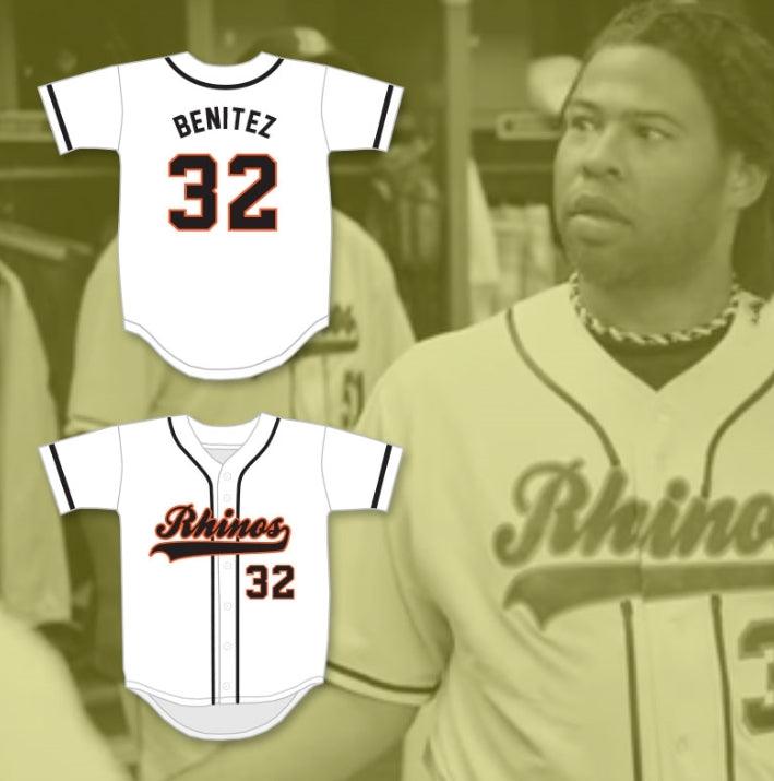 Custom Any Name Number RAFFY BENITEZ 32 RHINOS WHITE BASEBALL JERSEY KEY & PEELE SLAP ASS Top Stitched S-6XL