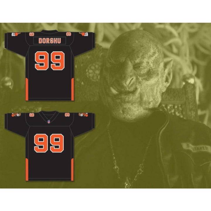 CUSTOM ANY WITH PATCHES ORC FOGTEETH DORGHU 99 ORANGE/BLACK FOOTBALL JERSEY Top Stitched S-6XL