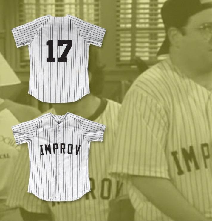 Custom Any Name Number GEORGE COSTANZA 17 IMPROV WHITE PINSTRIPED BASEBALL JERSEY 'THE UNDERSTUDY' Top Stitched S-6XL