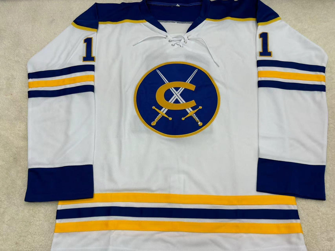 Custom Any Name Number JIM NICHOLS 11 CINCINNATI SWORDS WHITE TIE DOWN HOCKEY JERSEY Top Stitched S-6XL