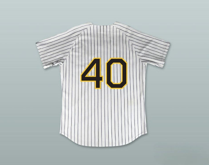 Custom Any Name Number FRANK 'POPS' MORGAN 40 BUZZ WHITE PINSTRIPED BASEBALL JERSEY MAJOR LEAGUE: BACK TO THE MINORS Top Stitched S-6XL