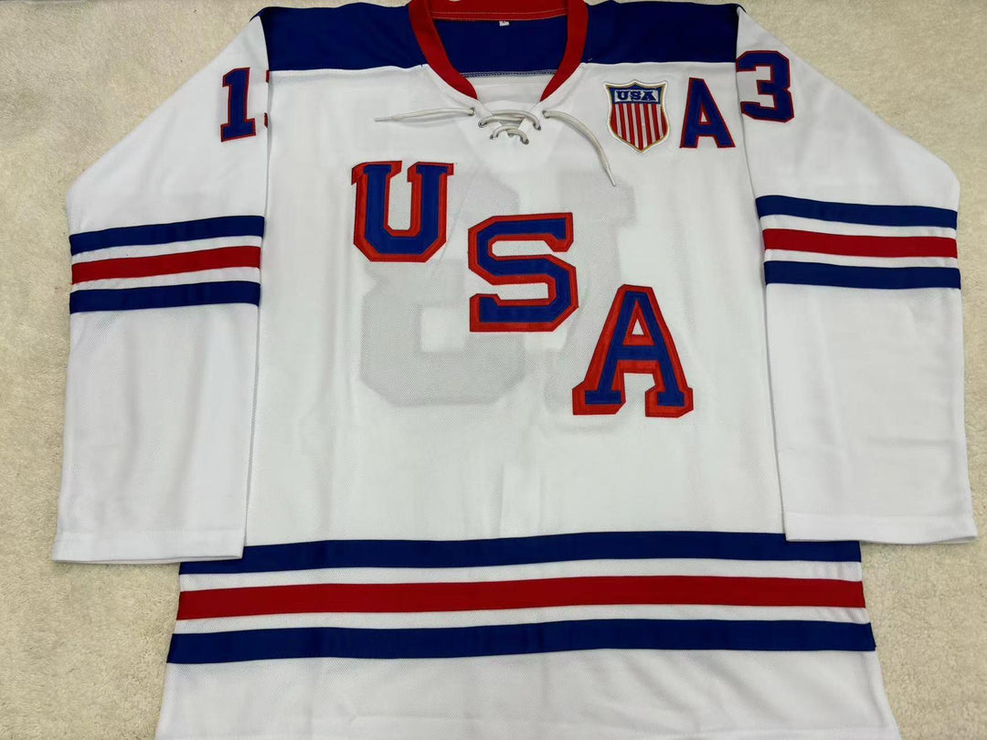 Custom Any Name Number COLE CAUFIELD 13 USA WHITE HOCKEY JERSEY Top Stitched S-6XL