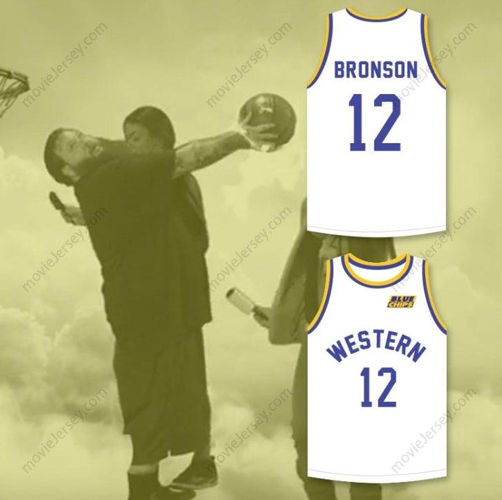 CUSTOM ANY Name Number ACTION BRONSON 12   WHITE BASKETBALL JERSEY WITH BLUE CHIPS PATCH Top Stitched S-6XL