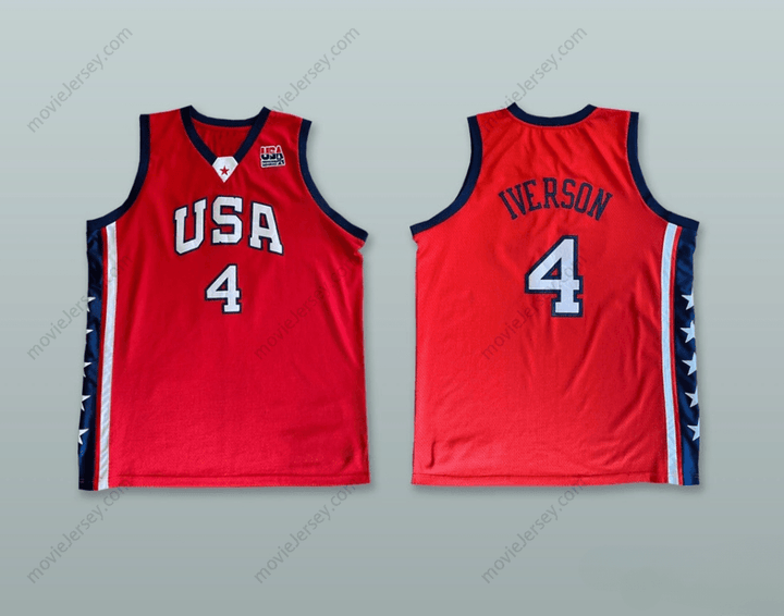 CUSTOM ANY Name Number ALLEN IVERSON 4 USA RED BASKETBALL JERSEY Top Stitched S-6XL