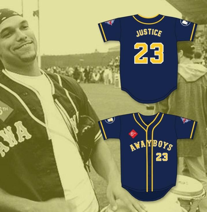 Custom Any Name Number DAVID JUSTICE 23 AWAYBOYS BASEBALL JERSEY 6TH ANNUAL ROCK N' JOCK SOFTBALL CHALLENGE 1995 Top Stitched S-6XL