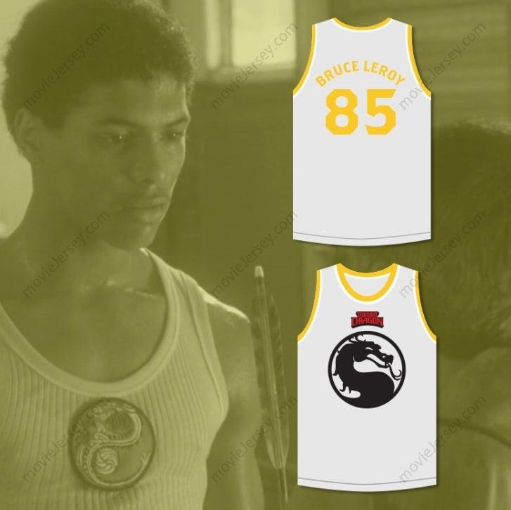 CUSTOM ANY Name Number BRUCE LEROY GREEN 85 MORTAL KOMBAT THE LAST DRAGON WHITE WITH YELLOW GRAPHICS JERSEY AND EMBROIDERED PATCH Top Stitched S-6XL
