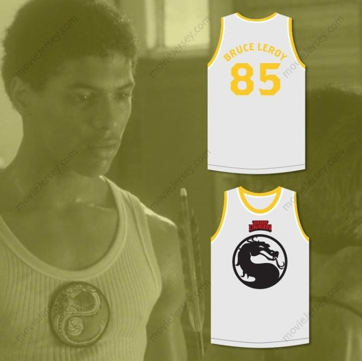 CUSTOM ANY Name Number BRUCE LEROY GREEN 85 MORTAL KOMBAT THE LAST DRAGON WHITE WITH YELLOW GRAPHICS JERSEY AND EMBROIDERED PATCH Top Stitched S-6XL