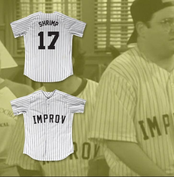 Custom Any Name Number GEORGE 'SHRIMP' COSTANZA 17 IMPROV WHITE PINSTRIPED BASEBALL JERSEY Top Stitched S-6XL