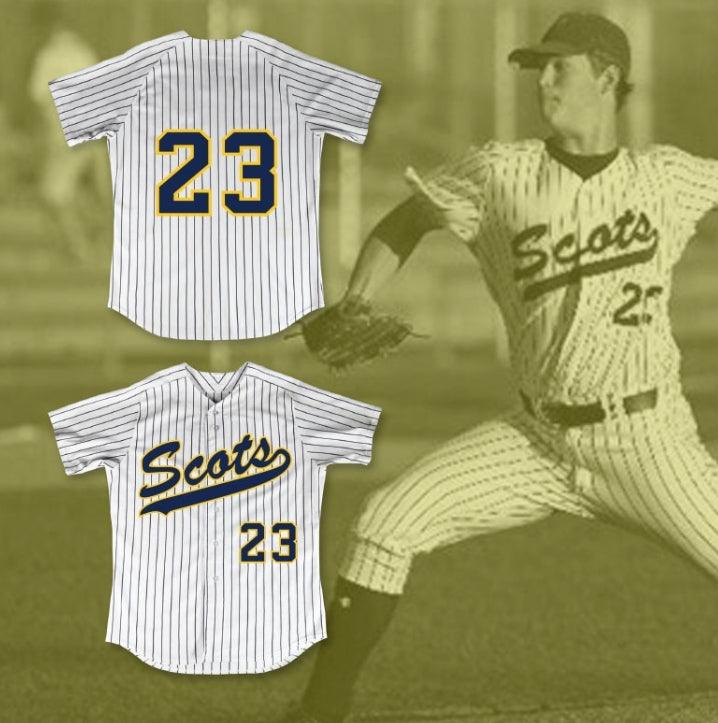 Custom Any Name Number CLAYTON KERSHAW 23 HIGHLAND PARK HIGH SCHOOL SCOTS WHITE PINSTRIPED BASEBALL JERSEY 1 Top Stitched S-6XL