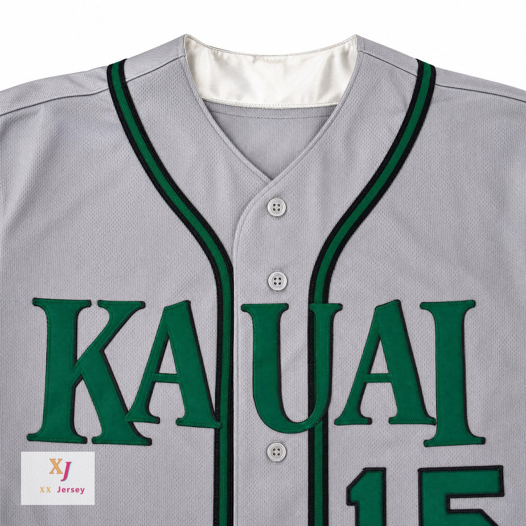Custom Any Name Number KAUAI EMERALDS  15 GRAY BUTTON DOWN BASEBALL JERSEY Top Stitched S-6XL