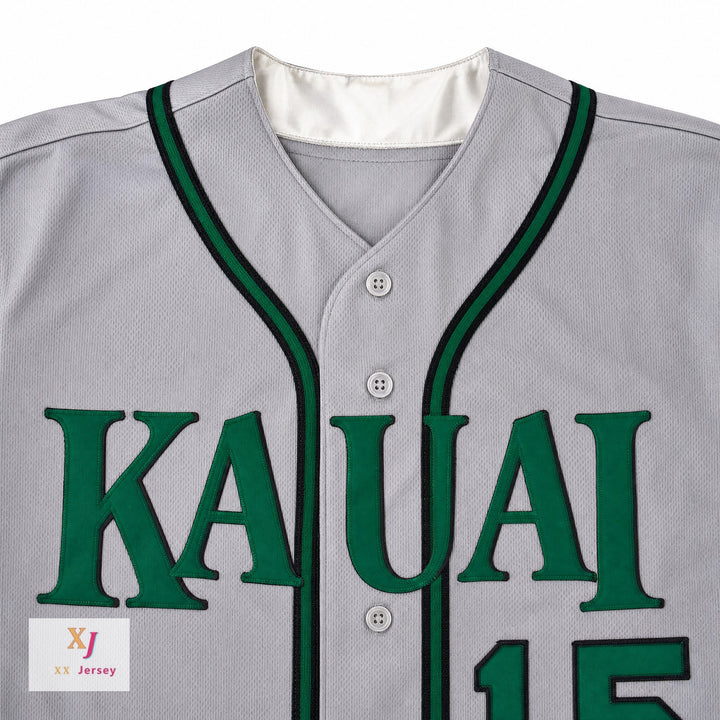 Custom Any Name Number KAUAI EMERALDS  15 GRAY BUTTON DOWN BASEBALL JERSEY Top Stitched S-6XL
