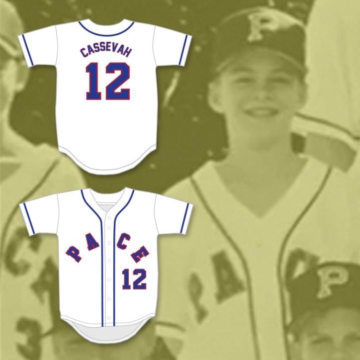 Custom Any Name Number BOBBY CASSEVAH 12 PACE ATHLETIC AND RECREATION ASSOCIATION WHITE BASEBALL JERSEY 2 Top Stitched S-6XL