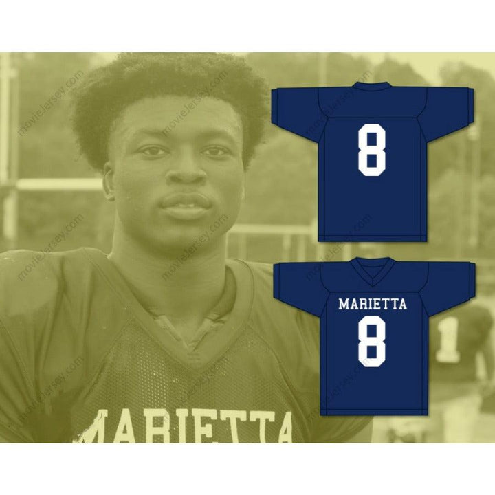 CUSTOM ANY Name Number BLUE DEVILS AZEEZ OJULARI 8 MARIETTA HIGH SCHOOL NAVY BLUE Football Jersey Top Stitched S-6XL